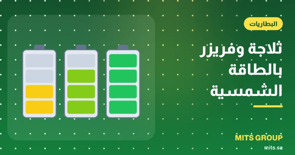 ثلاجة منزلية وفريزر في استراحة تعمل بمنظومة شمسية صغيرة مع بطارية ليثيوم وإنفرتر على الجدار