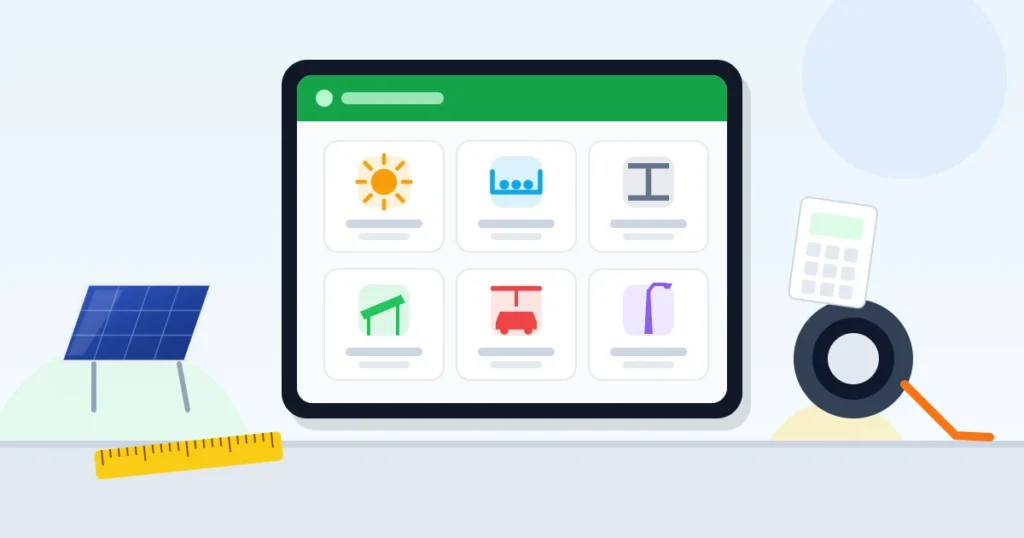 A tablet displaying six engineering calculation tools for solar energy, cable trays, ironwork, structures, canopies, and lighting poles.